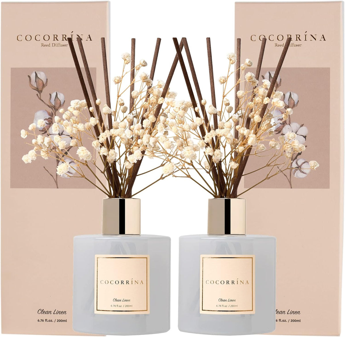 Cocorrína Reed Diffuser Set, 6.7 fl.oz Clean Linen 2 Packs Scented Diffuser with Sticks Home Fragrance Reed Diffuser for Bathroom Shelf Decor