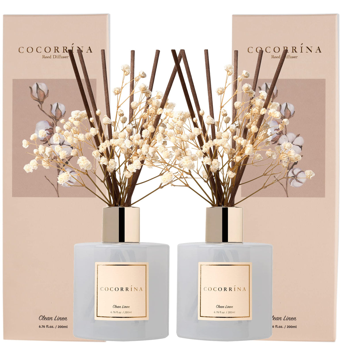 Cocorrína Reed Diffuser Set, Clean Linen 6.7 fl oz Scented Diffuser with Sticks Home Fragrance Reed Diffuser for Bathroom Shelf Décor