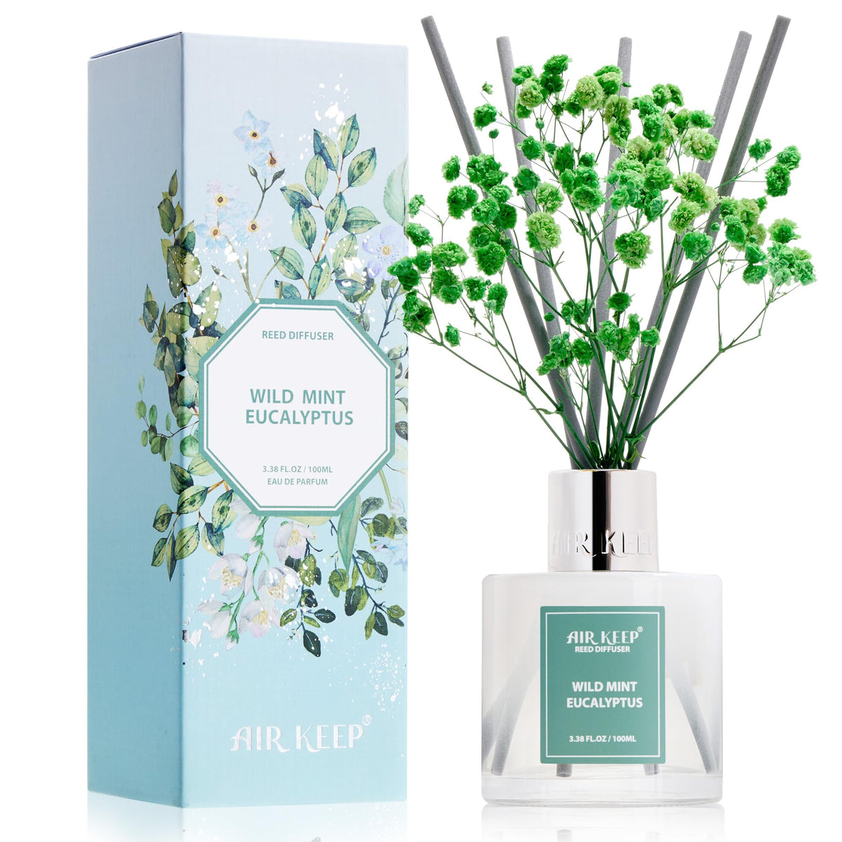 Airkeep Reed Diffuser Set, 3.38 fl oz (100 ml) - Jasmine Lily Lemon Oil Diffusers with 8 Reed Sticks, Home Fragrance Reed Diffuser for Bathroom Shelf Decor