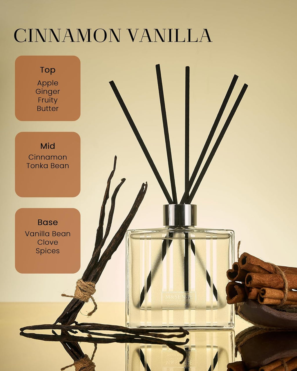 M&SENSE Reed Diffuser, Cinnamon Vanilla, 7.04 oz Natural Essential Oil
