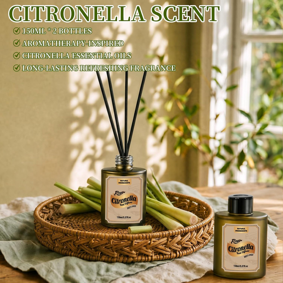 STRN Citronella Reed Diffuser Set, Lemongrass Scent Diffuser 300ML