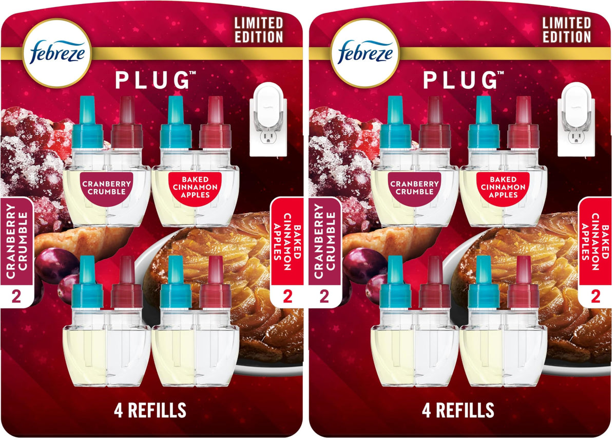 Febreze Plug-In Air Freshener, Odor-Fighting Scented Oil Refill for Home, Bathroom & Kitchen, Holiday Baked Cinnamon Apples Scent, 0.87 oz Refills, 4 Count