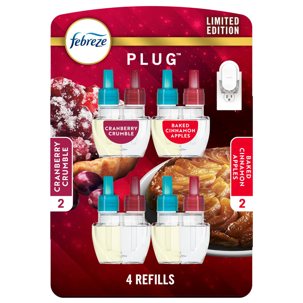 Febreze Plug-In Air Freshener, Odor-Fighting Scented Oil Refill for Home, Bathroom & Kitchen, Holiday Baked Cinnamon Apples Scent, 0.87 oz Refills, 4 Count