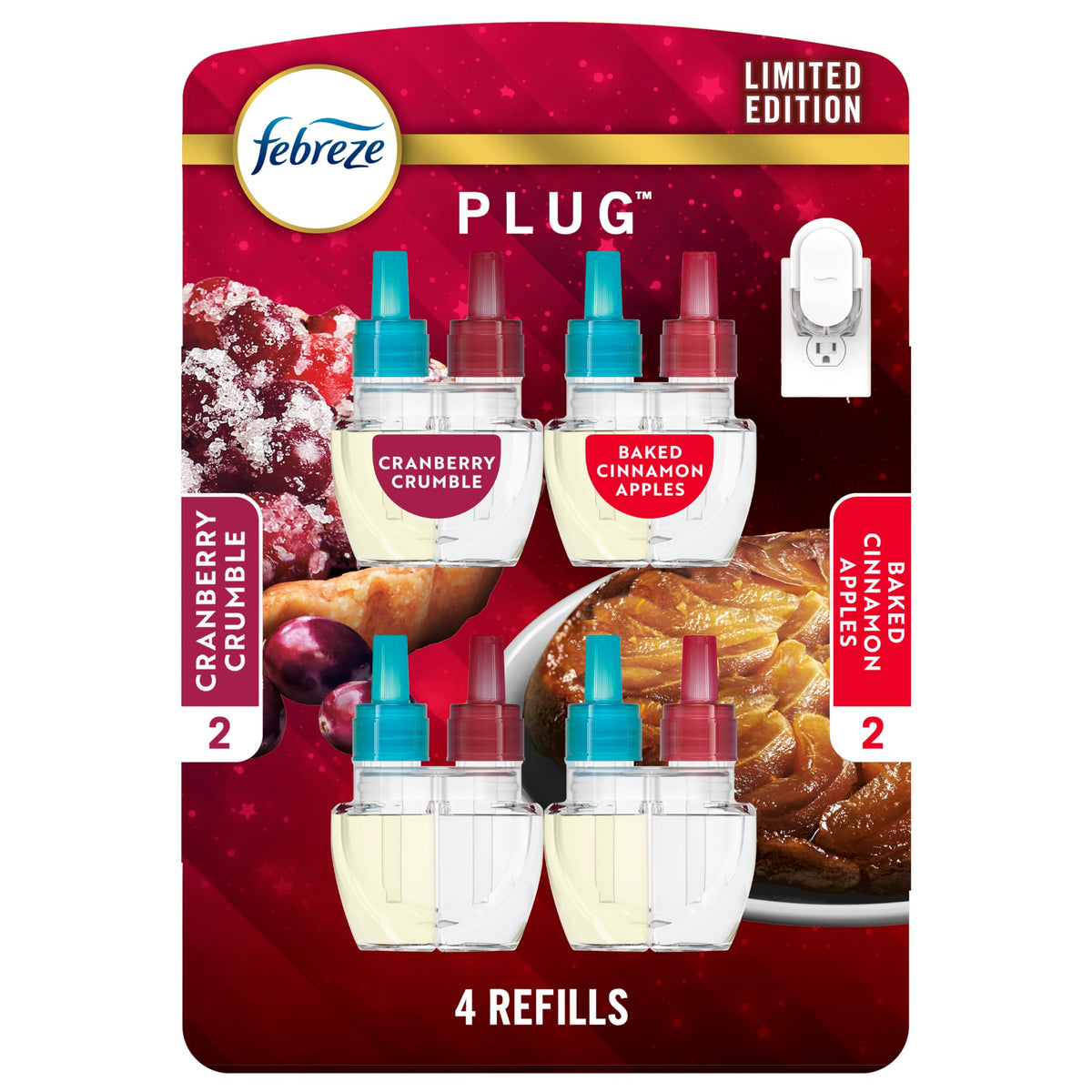 Febreze Plug-In Air Freshener, Odor-Fighting Scented Oil Refill for Home, Bathroom & Kitchen, Holiday Baked Cinnamon Apples Scent, 0.87 oz Refills, 4 Count
