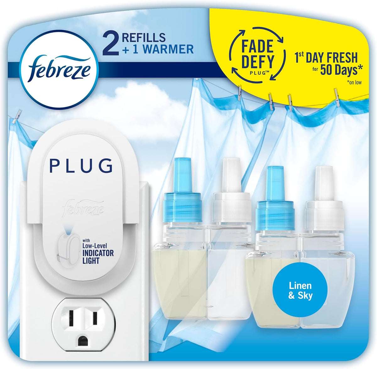 Febreze Plug In Air Freshener, Odor-Fighting Scented Oil Starter Kit, Air Fresheners for Home and Bathroom and Kitchen, Long Lasting for Strong Odors, Linen & Sky Scent, Warmer + 2 Refill