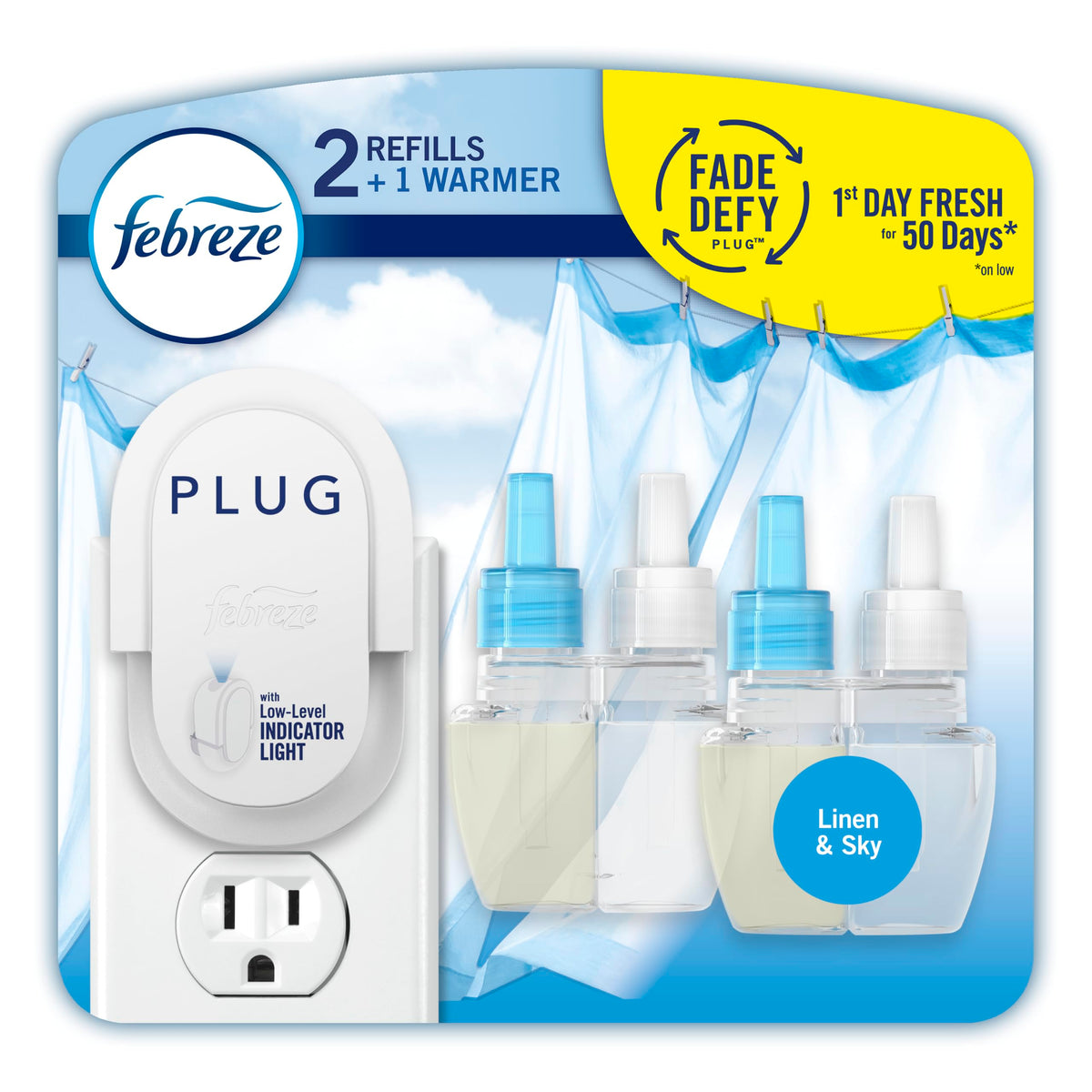 Febreze Plug In Air Freshener, Odor-Fighting Scented Oil Starter Kit, Air Fresheners for Home and Bathroom and Kitchen, Long Lasting for Strong Odors, Linen & Sky Scent, Warmer + 2 Refill