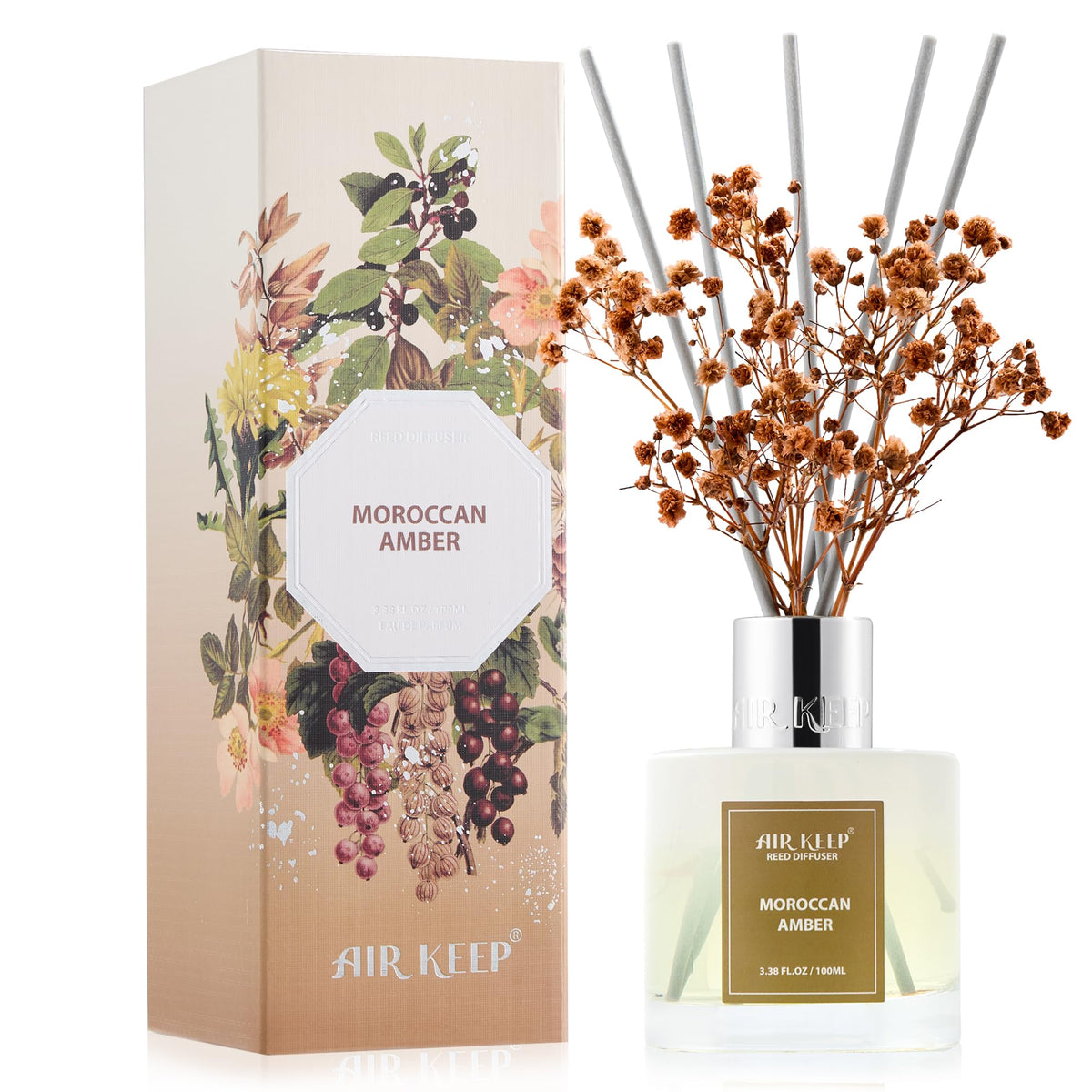 Airkeep Reed Diffuser Set, 3.38 fl oz (100 ml) - Jasmine Lily Lemon Oil Diffusers with 8 Reed Sticks, Home Fragrance Reed Diffuser for Bathroom Shelf Decor
