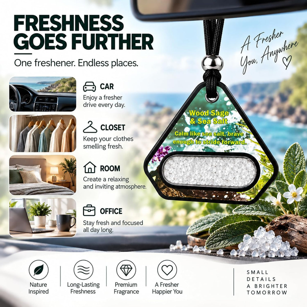 Hanging Car Air Freshener, Solid EVA Beads, Coastal Sage, 3 Pack