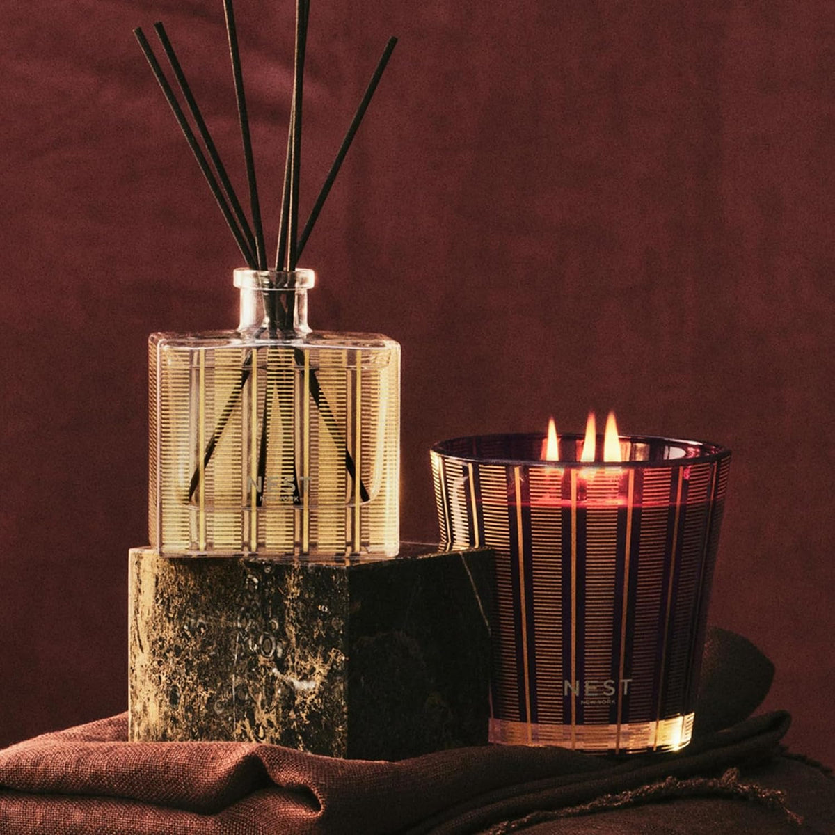 NEST New York Reed Diffuser, Autumn Plum - The Fall Collection - 5.9 fl oz - Fragrance for Up to 90 Days - Reusable, Refillable Glass Holder - Includes 8 All-Natural Reed Sticks - Flame Free