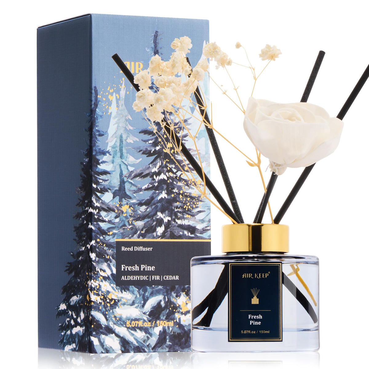 Airkeep Flower Reed Diffusers Set, 5.07 oz Clean Aldehydes Musk Scented Oil Diffuser with 8 Reed Sticks, Home Fragrance Diffuser Gift Set for Bathroom & Office Decor 150ml