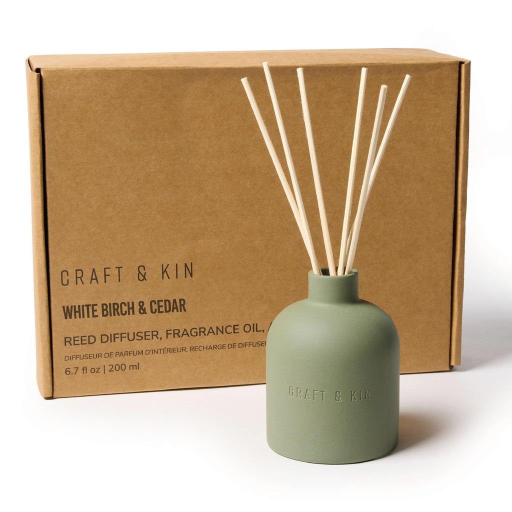 Craft & Kin White Birch & Cedar Reed Diffuser – Earthenware Collection, 6.7 oz – Alcohol-Free Essential Oil Diffuser for Home & Bathroom – Long-Lasting Fragrance Sticks – Ceramic Room Decor