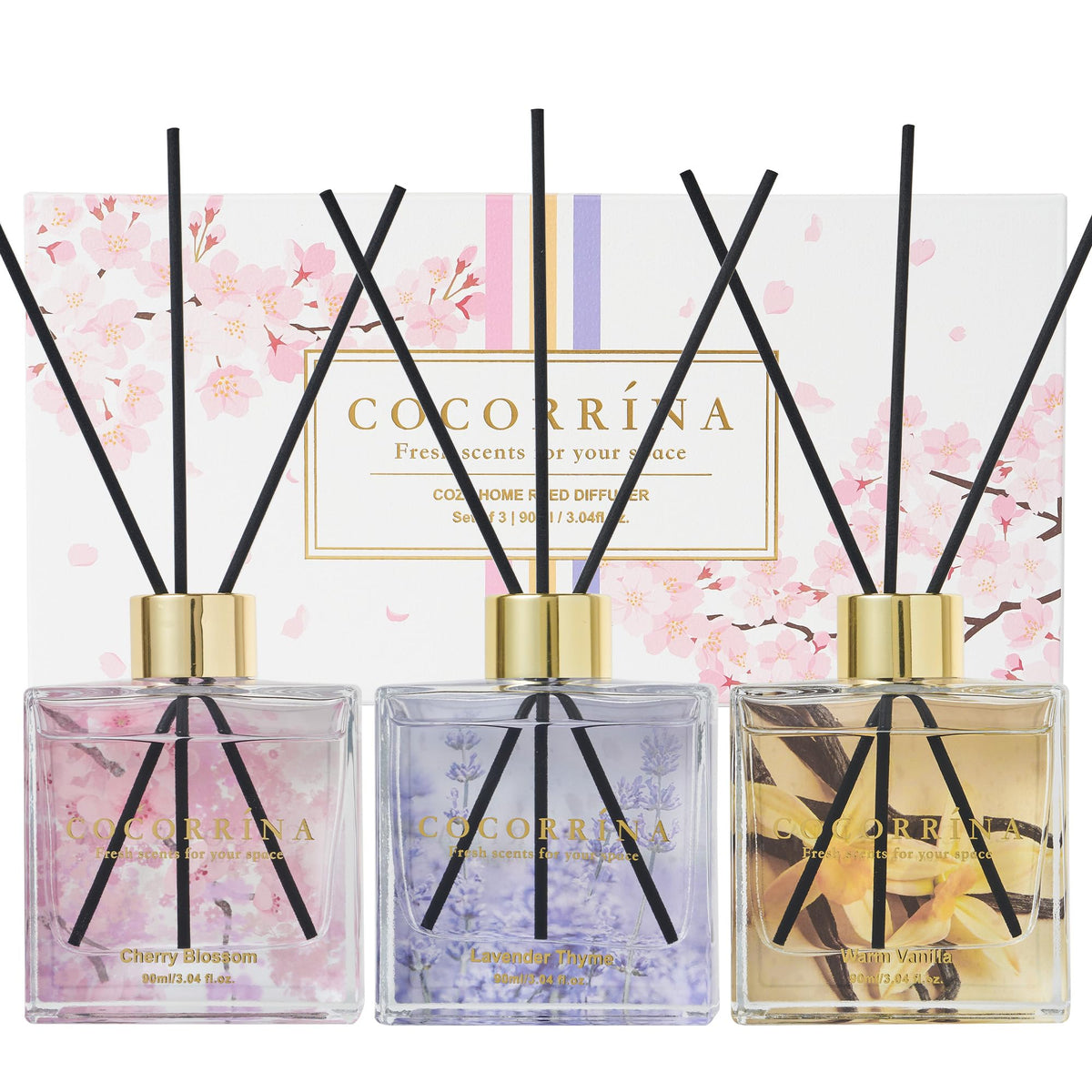 COCORRÍNA Reed Diffuser Set of 3-3 Pack/ 3.04 Fl.oz Diffuser with 24 Sticks Cashmere Vanilla/Sandalwood Rose/Clean Linen Reed Diffuser for Home Bathroom Office Decor