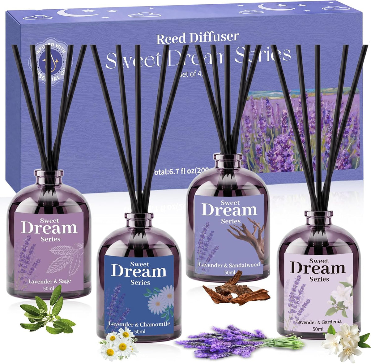 STRN Reed Diffuser Set, Lavender Essential Oil Reed Diffuser 4 x 50ml