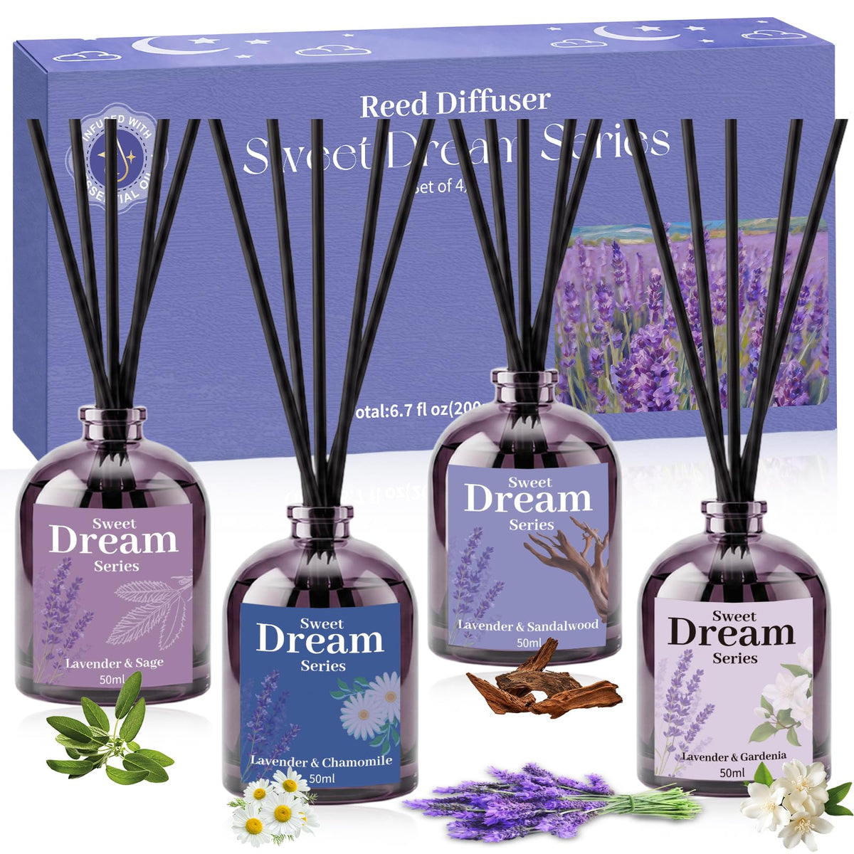 STRN Reed Diffuser Set, Lavender Essential Oil Reed Diffuser 4 x 50ml