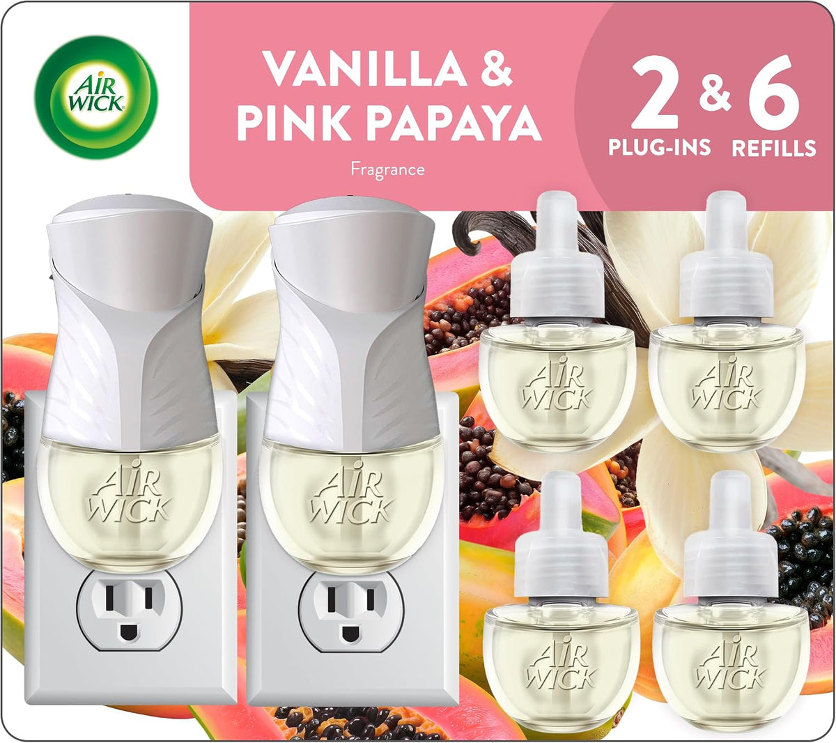 Air Wick Plug in Starter Kit, Vanilla & Pink Papaya,2 Warmers & 6 refills