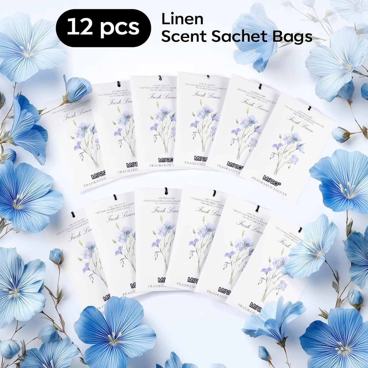 MYARO 12 Pack Fresh Linen Scented Sachets, Closet Deodorizer Car Freshener
