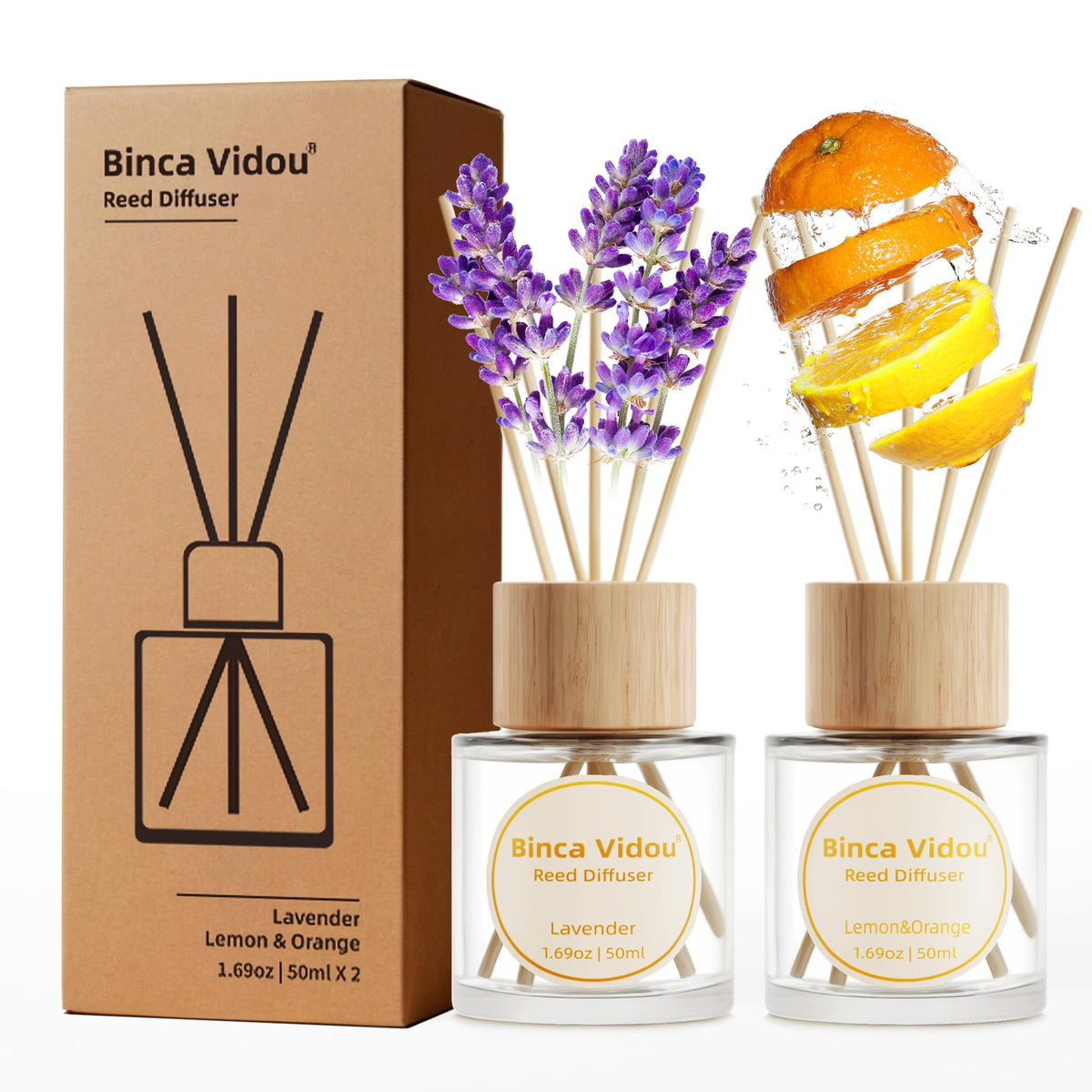 Reed Diffuser Set, Binca Vidou Lavender & Vanilla Natural Scent Oil Diffusers with Sticks for Home Office Bathroom Aromatherapy Decor 1.69oz x 2