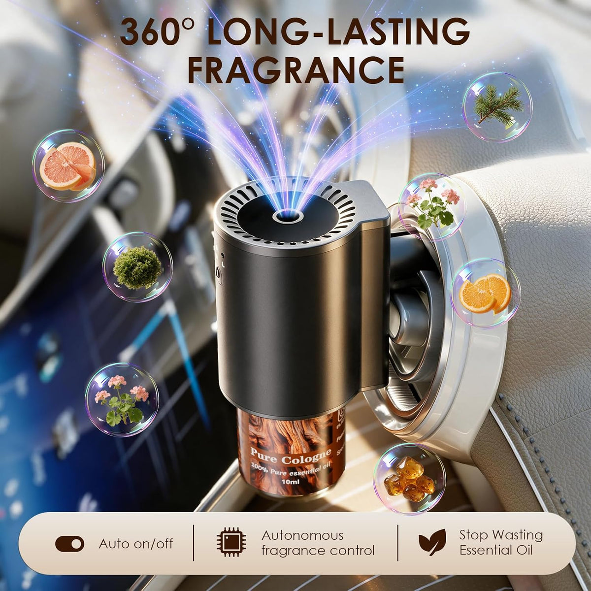 Rechargeable Smart Car Air Freshener Diffuser, Auto On Off Function, 3 Adjustable Fragrance Modes, 3pcs Essential Oil, Portable Car Scent Diffuser for Car Accessories & Ideal Gift（1Pack）