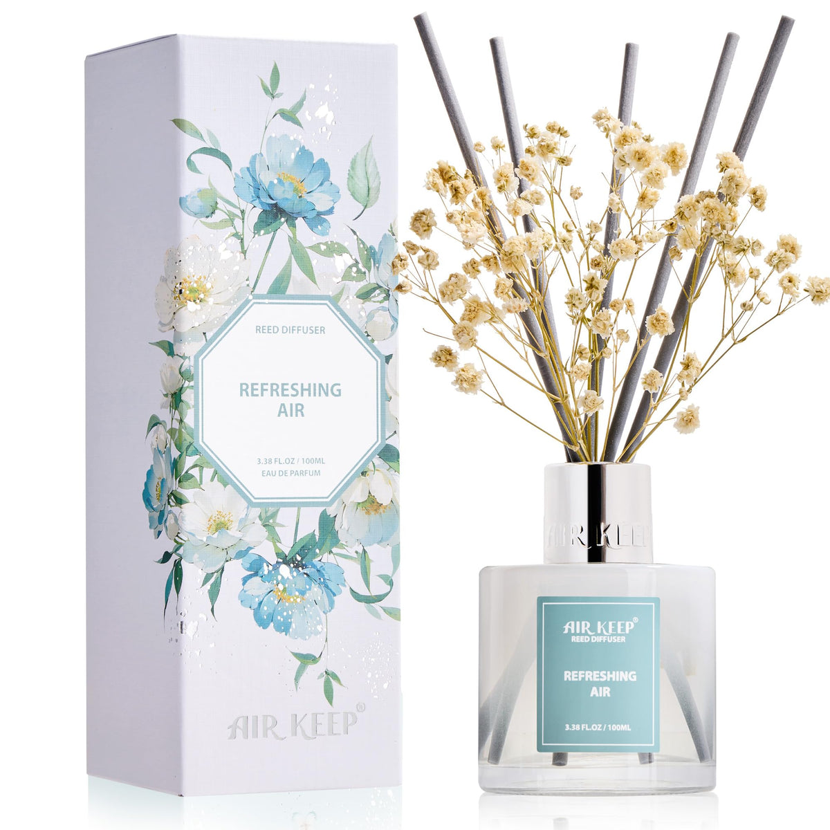 Airkeep Reed Diffuser Set,3.38 fl oz (100 ml) - Clean Cotton Oil Diffusers with 8 Reed Sticks, Home Fragrance Reed Diffuser for Bathroom Shelf Decor