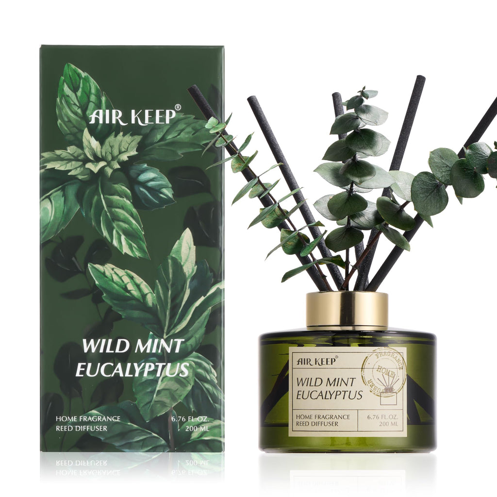 Airkeep Reed Diffuser Set with 6.76 fl oz Lavender Eucalyptus Scent Essential Oils and 3 Leaves & 8 Diffuser Sticks,Bathroom Shelf Decor & Air Freshener, House Bedroom Office Decor & Gifts