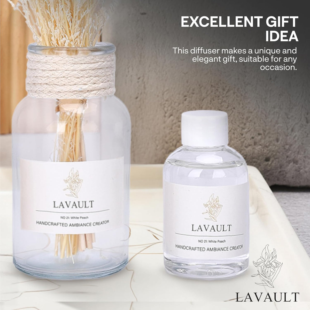 Lavault Reed Diffuser - Long-Lasting Scent Diffusers for Home or Office - Fragrance for Relaxing Atmosphere - Dried Plants and Essential Oils - Reed Diffuser for Bathroom - White Peach Scent - 3.38oz