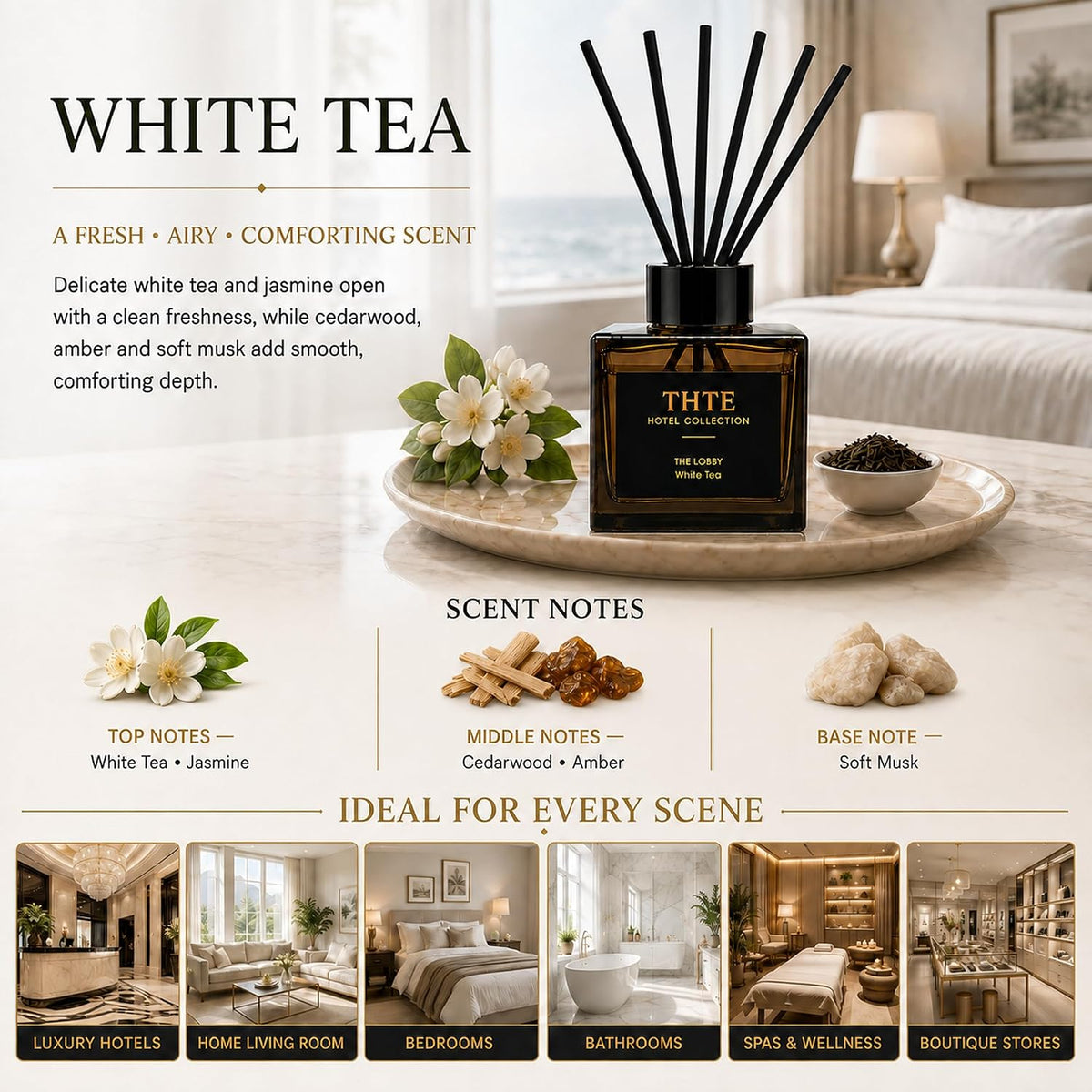 White Tea Reed Diffuser for Home, Airy Clean Hotel-Inspired Scent with Soft Musk, Long-Lasting Home Fragrance with Black Fiber Reeds for Bedroom, Bathroom and Living Room