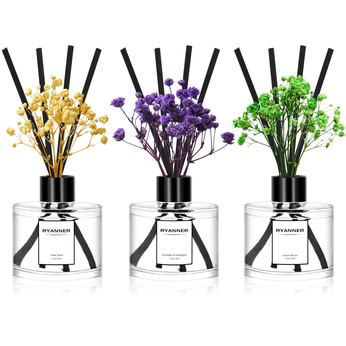Reed Diffuser Set of 3 Pack,Lavender Eucalyptus/White Jasmine/Lemongrass Scented Oil Diffuser with 24 Sticks(1.7 fl oz Each Pack),Air Freshener for Bedroom Bathroom Office | Shelf Decor