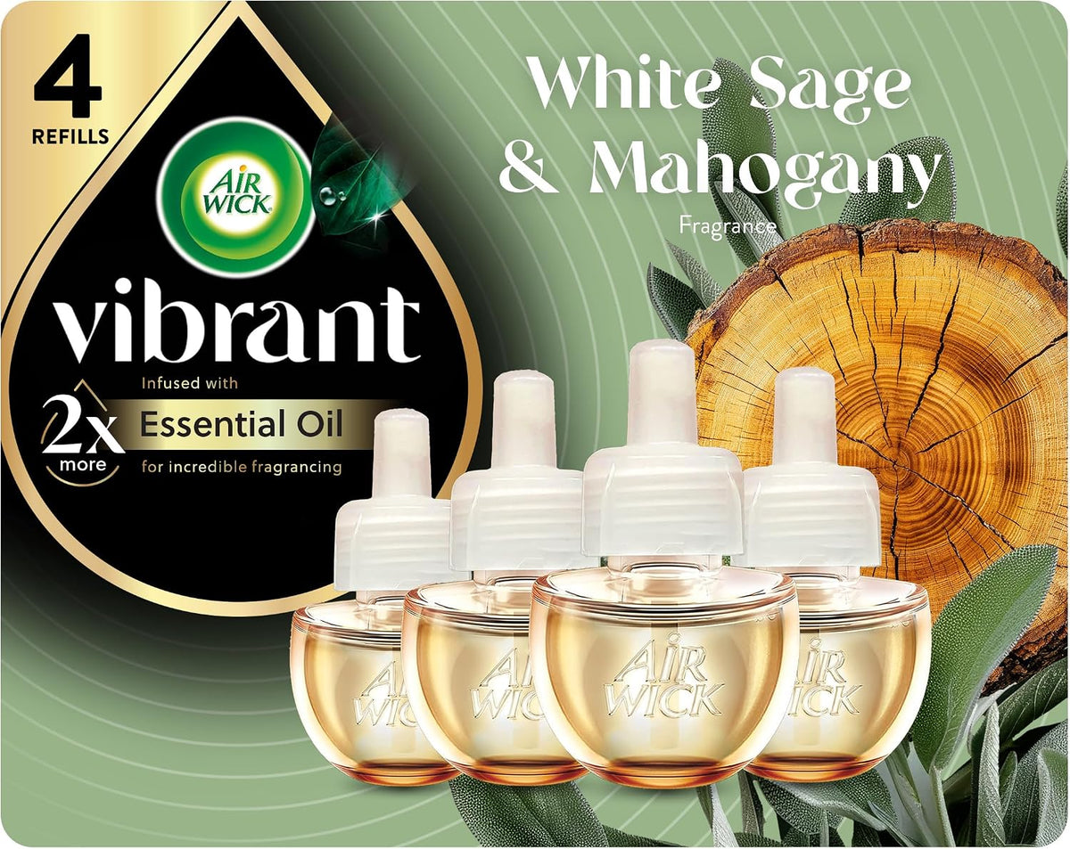 Air Wick Vibrant Plug in Scented Oil Refills, 4 Count, White Sage & Mahogany, Air Fresheners, Essential Oils