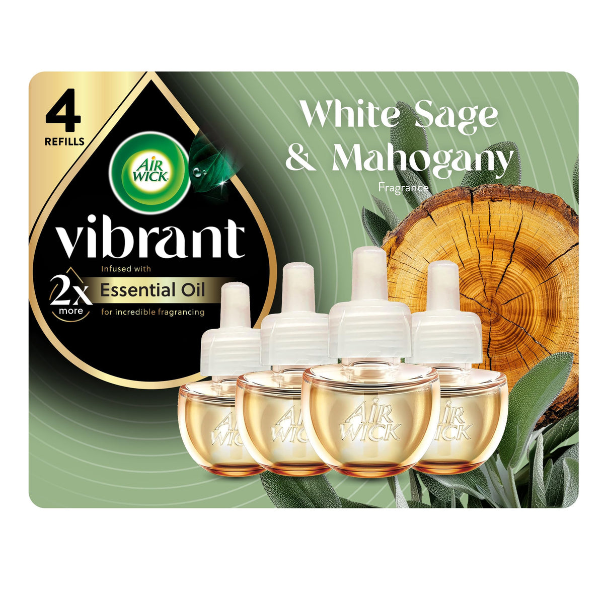 Air Wick Vibrant Plug in Scented Oil Refills, 4 Count, White Sage & Mahogany, Air Fresheners, Essential Oils