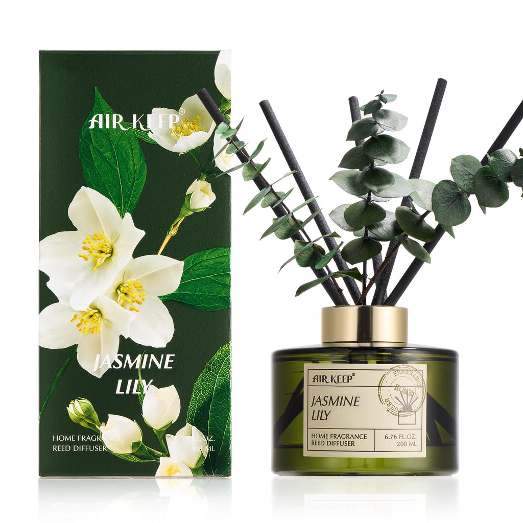 Airkeep Reed Diffuser Set with 6.76 fl oz Lavender Eucalyptus Scent Essential Oils and 3 Leaves & 8 Diffuser Sticks,Bathroom Shelf Decor & Air Freshener, House Bedroom Office Decor & Gifts