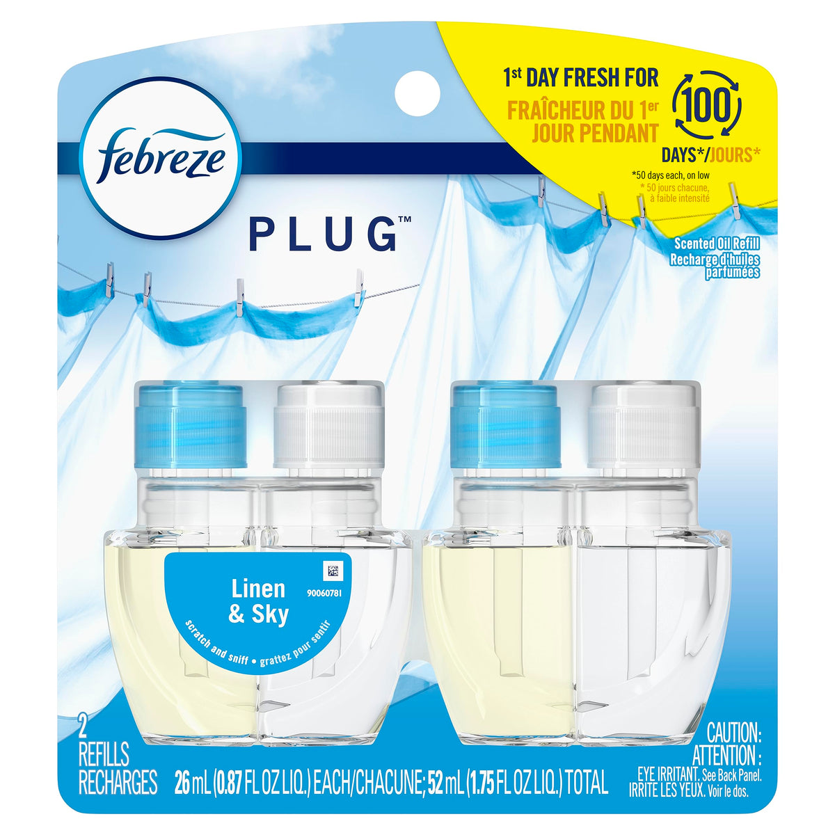 Febreze Plug In Air Freshener, Odor-Fighting Scented Oil Starter Kit, Air Fresheners for Home and Bathroom and Kitchen, Long Lasting for Strong Odors, Linen & Sky Scent, Warmer + 2 Refill