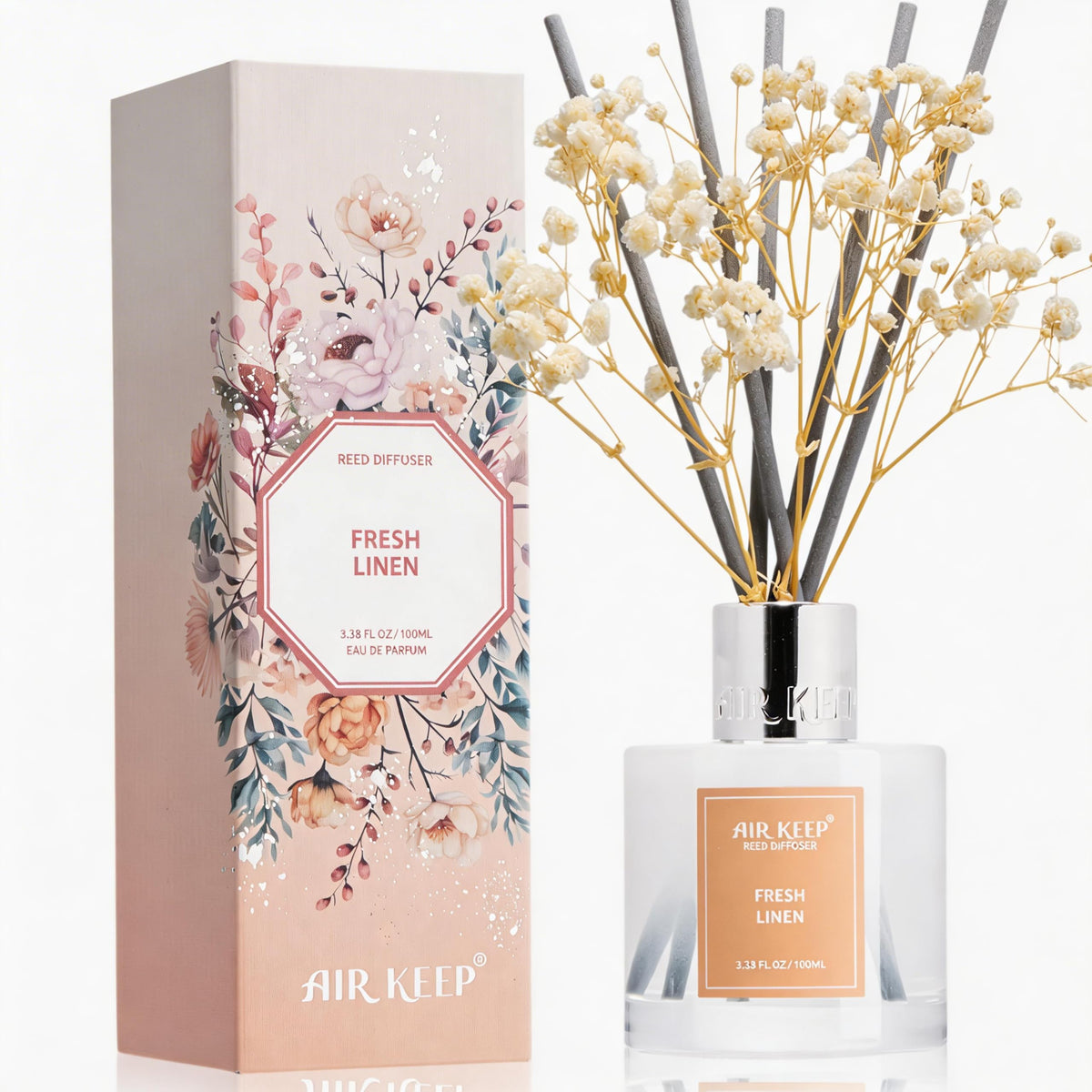 Airkeep Reed Diffuser Set,3.38 fl oz (100 ml) - Clean Linen Oil Diffusers with 8 Reed Sticks,Home Fragrance Reed Diffuser for Bathroom Shelf Decor