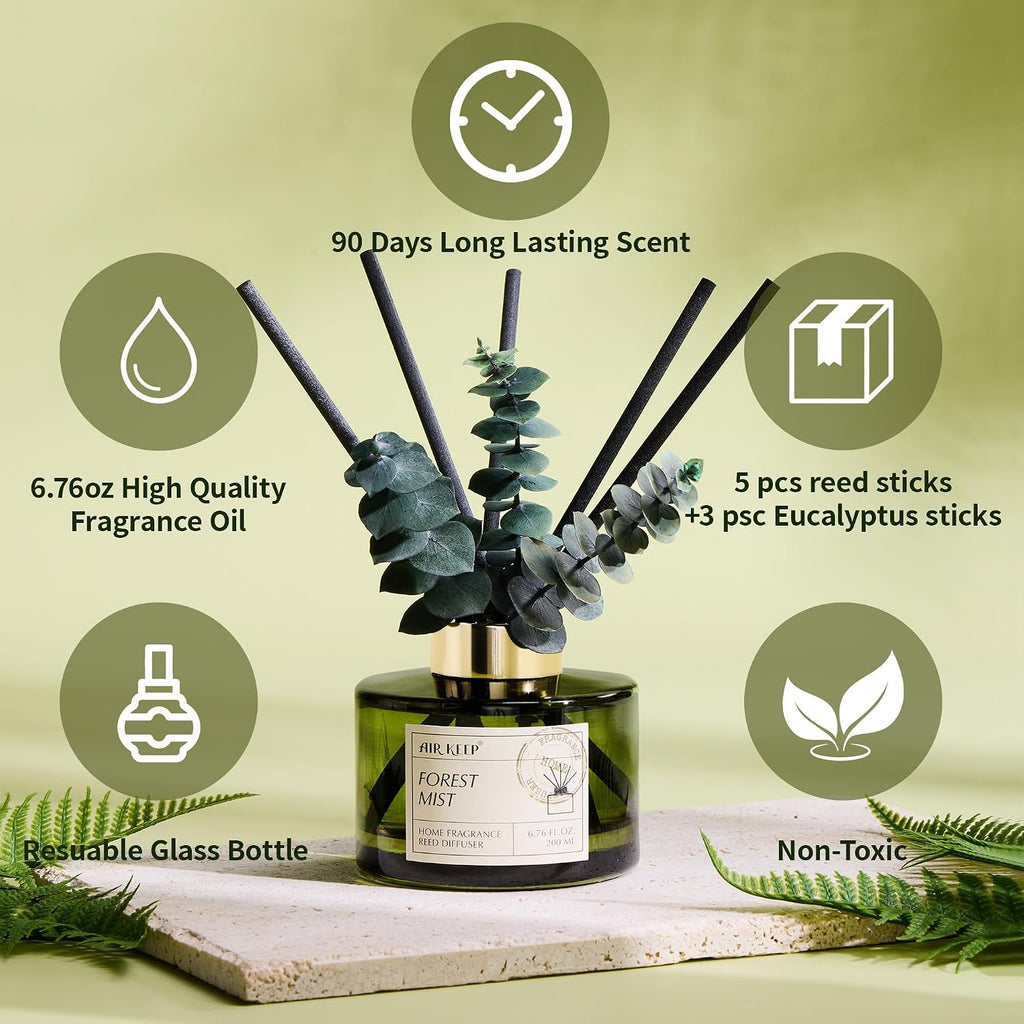 Airkeep Reed Diffuser Set with 6.76 fl oz Forest Mist Scent Essential Oils and 3 Leaves & 8 Diffuser Sticks,Bathroom Shelf Decor & Air Freshener, House Bedroom Office Decor & Gifts