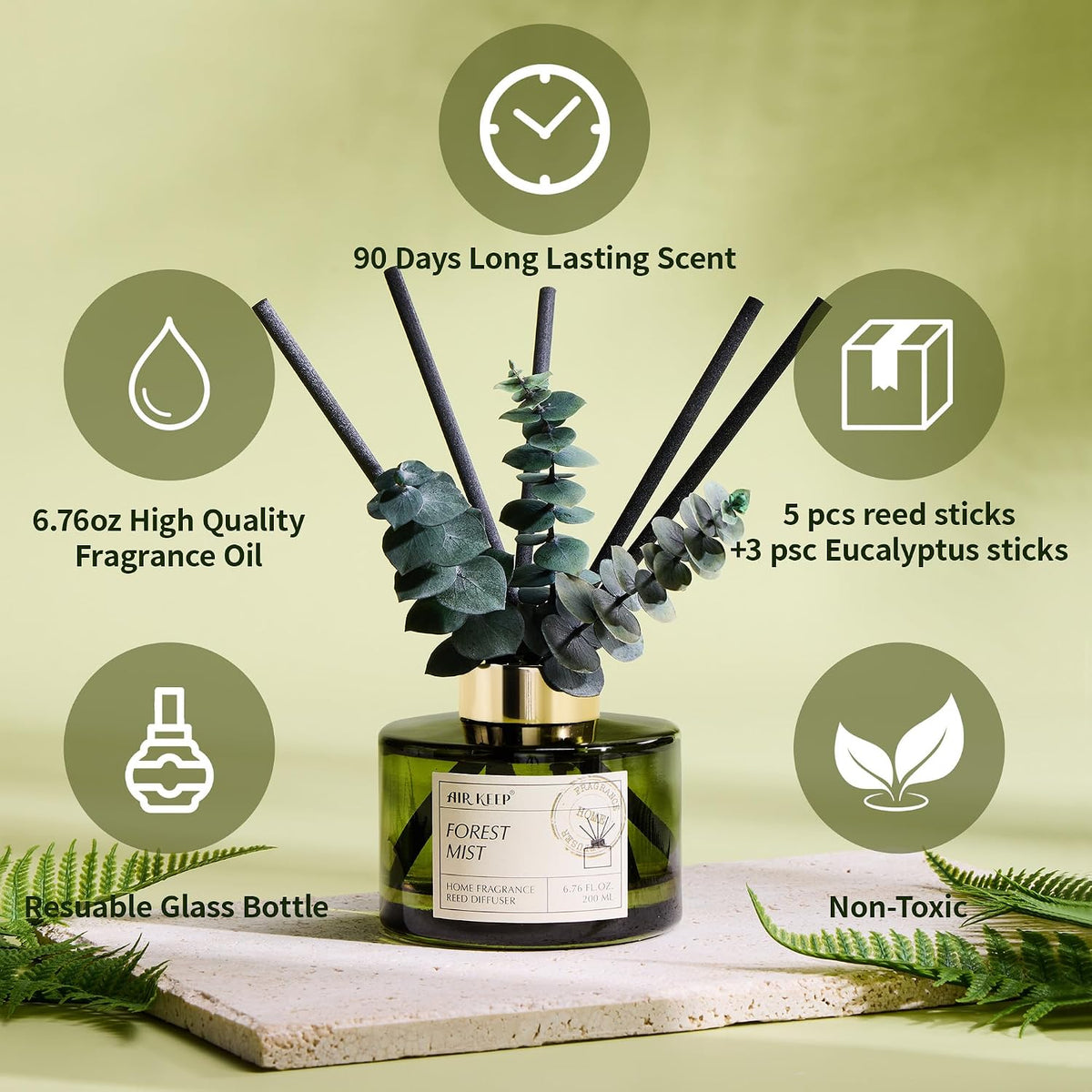 Airkeep Reed Diffuser Set with 6.76 fl oz Forest Mist Scent Essential Oils and 3 Leaves & 8 Diffuser Sticks,Bathroom Shelf Decor & Air Freshener, House Bedroom Office Decor & Gifts