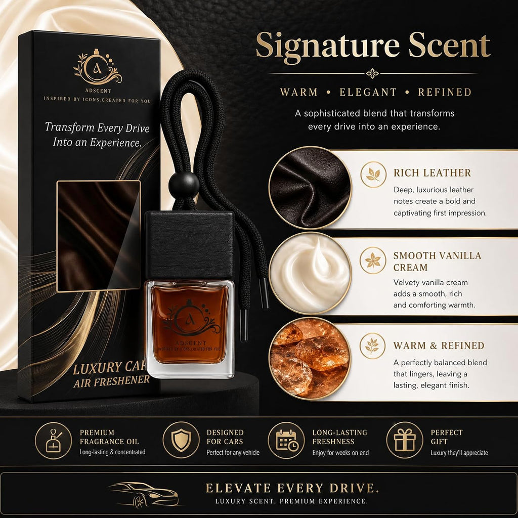 Leather Cream Luxury Car Air Freshener, Hanging Glass Bottle Diffuser, Leather + Vanilla Cream Fragrance, Long-Lasting Up to 45–60 Days, Made in Canada