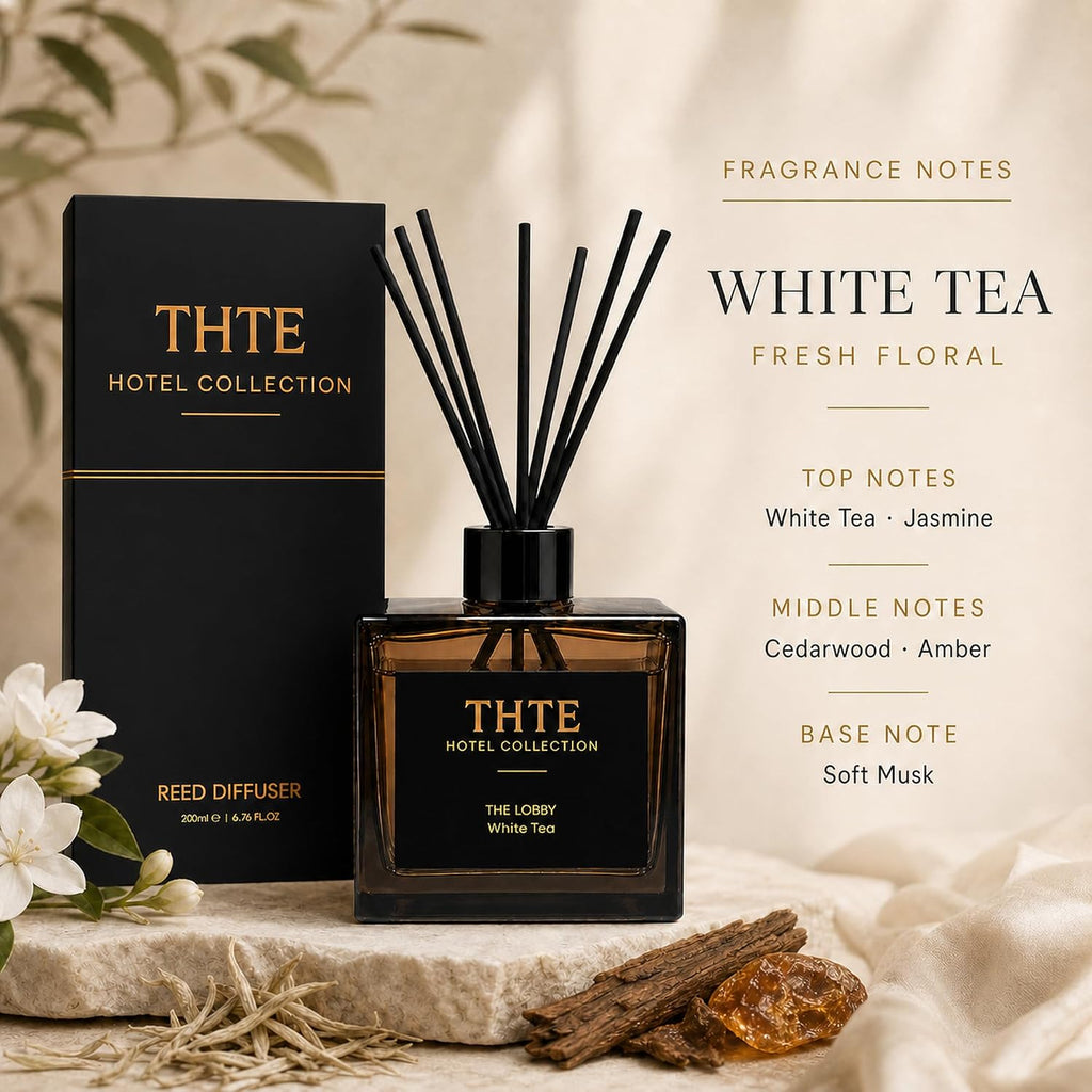 White Tea Reed Diffuser for Home, Airy Clean Hotel-Inspired Scent with Soft Musk, Long-Lasting Home Fragrance with Black Fiber Reeds for Bedroom, Bathroom and Living Room