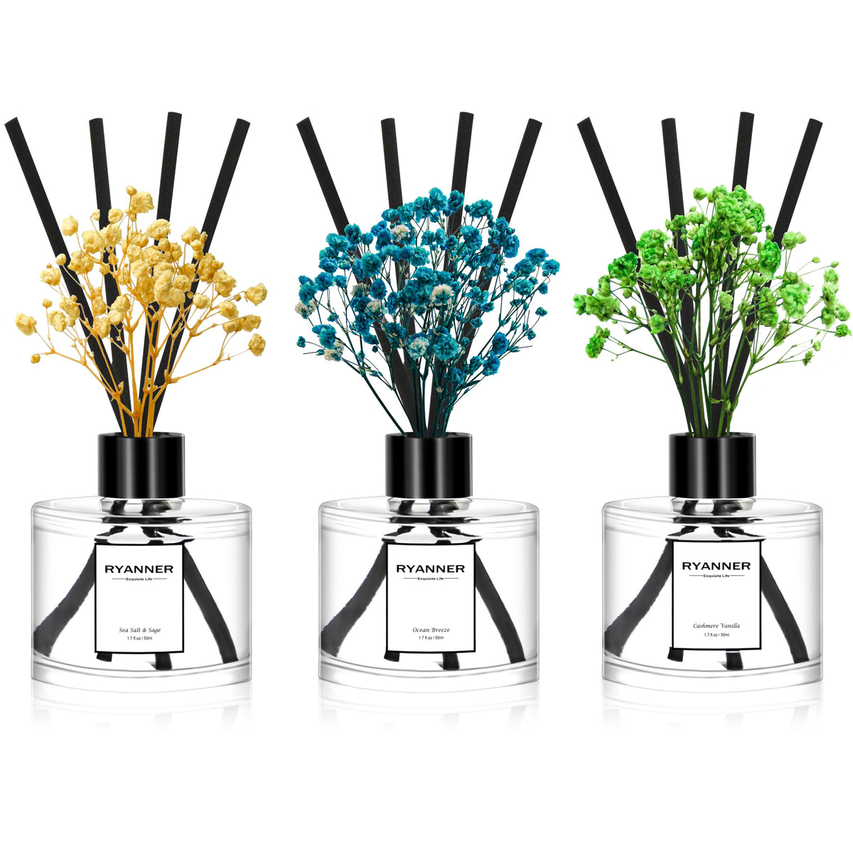 Reed Diffuser Set of 3 Pack,Lavender Eucalyptus/White Jasmine/Lemongrass Scented Oil Diffuser with 24 Sticks(1.7 fl oz Each Pack),Air Freshener for Bedroom Bathroom Office | Shelf Decor