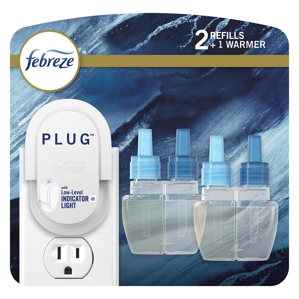Febreze Plug In Air Freshener, Odor-Fighting Scented Oil Starter Kit, Air Fresheners for Home and Bathroom and Kitchen, Long Lasting for Strong Odors, Linen & Sky Scent, Warmer + 2 Refill