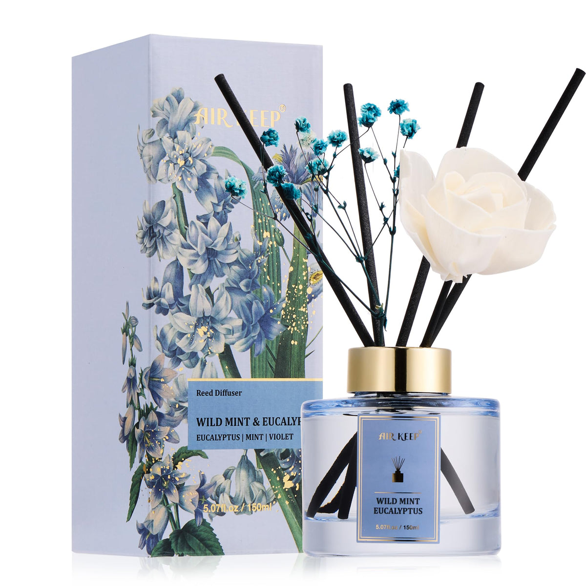 Airkeep Flower Reed Diffusers Set, 5.07 oz Clean Aldehydes Musk Scented Oil Diffuser with 8 Reed Sticks, Home Fragrance Diffuser Gift Set for Bathroom & Office Decor 150ml