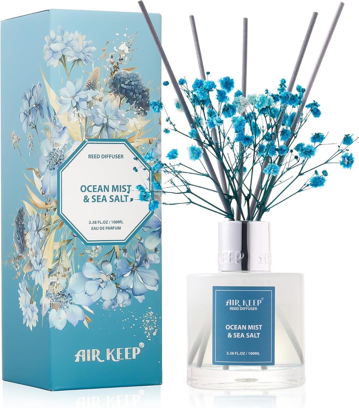 Airkeep Reed Diffuser Set,3.38 fl oz (100 ml) - Ocean Mist&Sea Salt Oil Diffusers with 8 Reed Sticks,Home Fragrance Reed Diffuser for Bathroom Shelf Decor