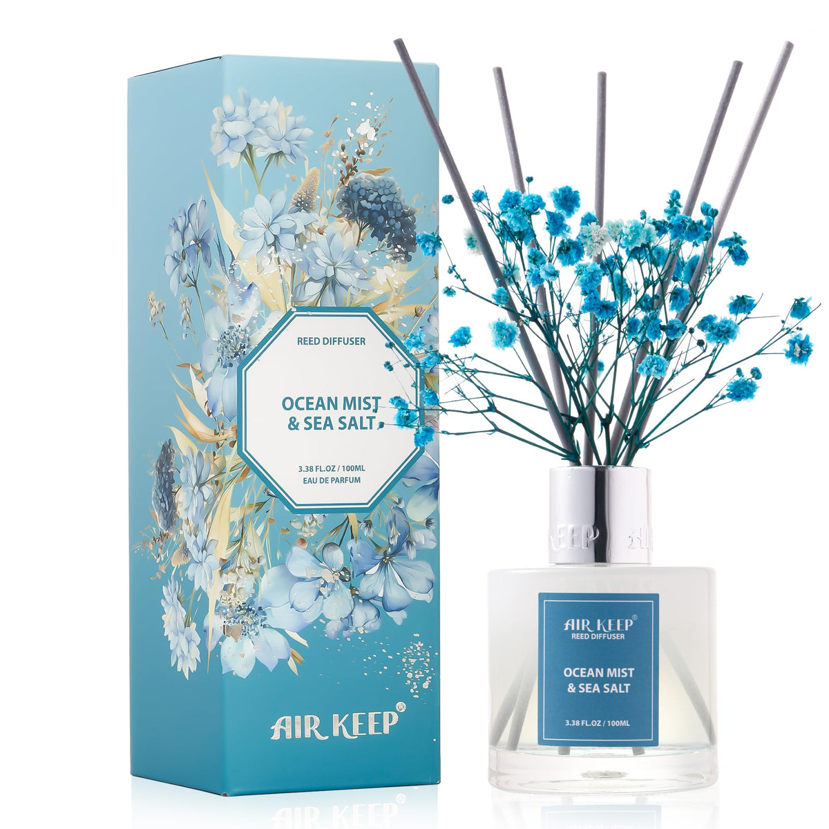 Airkeep Reed Diffuser Set,3.38 fl oz (100 ml) - Clean Cotton Oil Diffusers with 8 Reed Sticks, Home Fragrance Reed Diffuser for Bathroom Shelf Decor