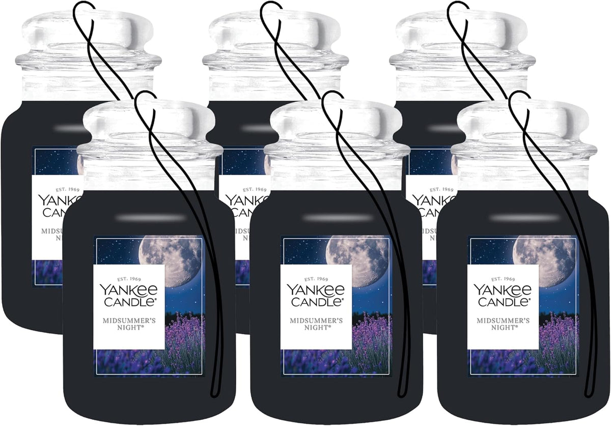Yankee Candle Classic Paper Car Jar Air Freshener, Hanging Car Freshener, Long Lasting Car Fragrance, Midsummer’s Night (Pack of 6)