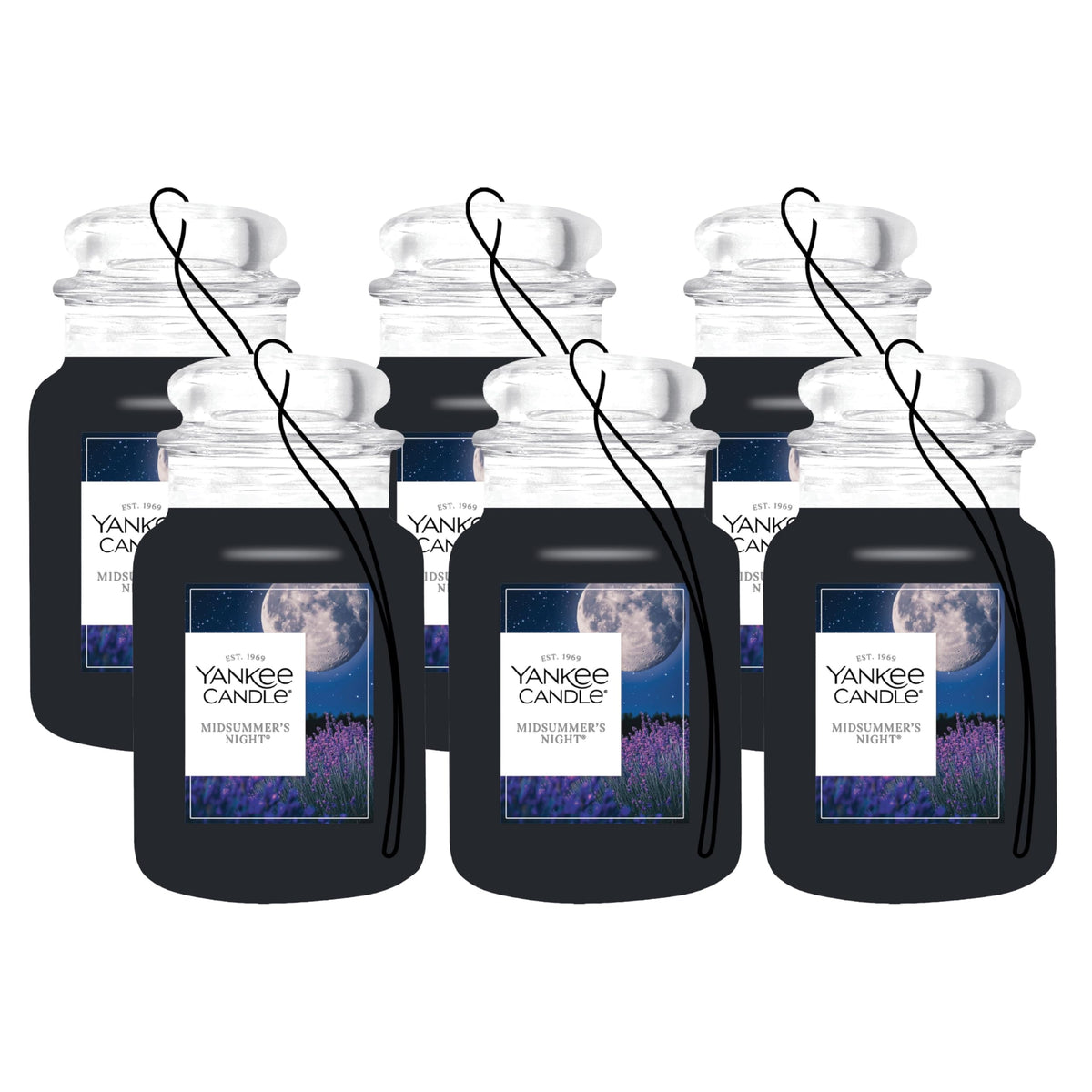 Yankee Candle Classic Paper Car Jar Air Freshener, Hanging Car Freshener, Long Lasting Car Fragrance, Midsummer’s Night (Pack of 6)