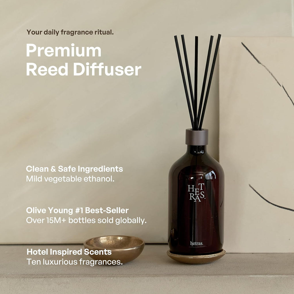 hetras Premium Reed Diffuser Set (Hotel Wood Scent)–Large Capacity Home Fragrance | 16.9 fl.oz (500ml), 1 Pack with 5 Reed Sticks | Warm Woody Aroma | Luxury Decor for Home, Office & Bathroom