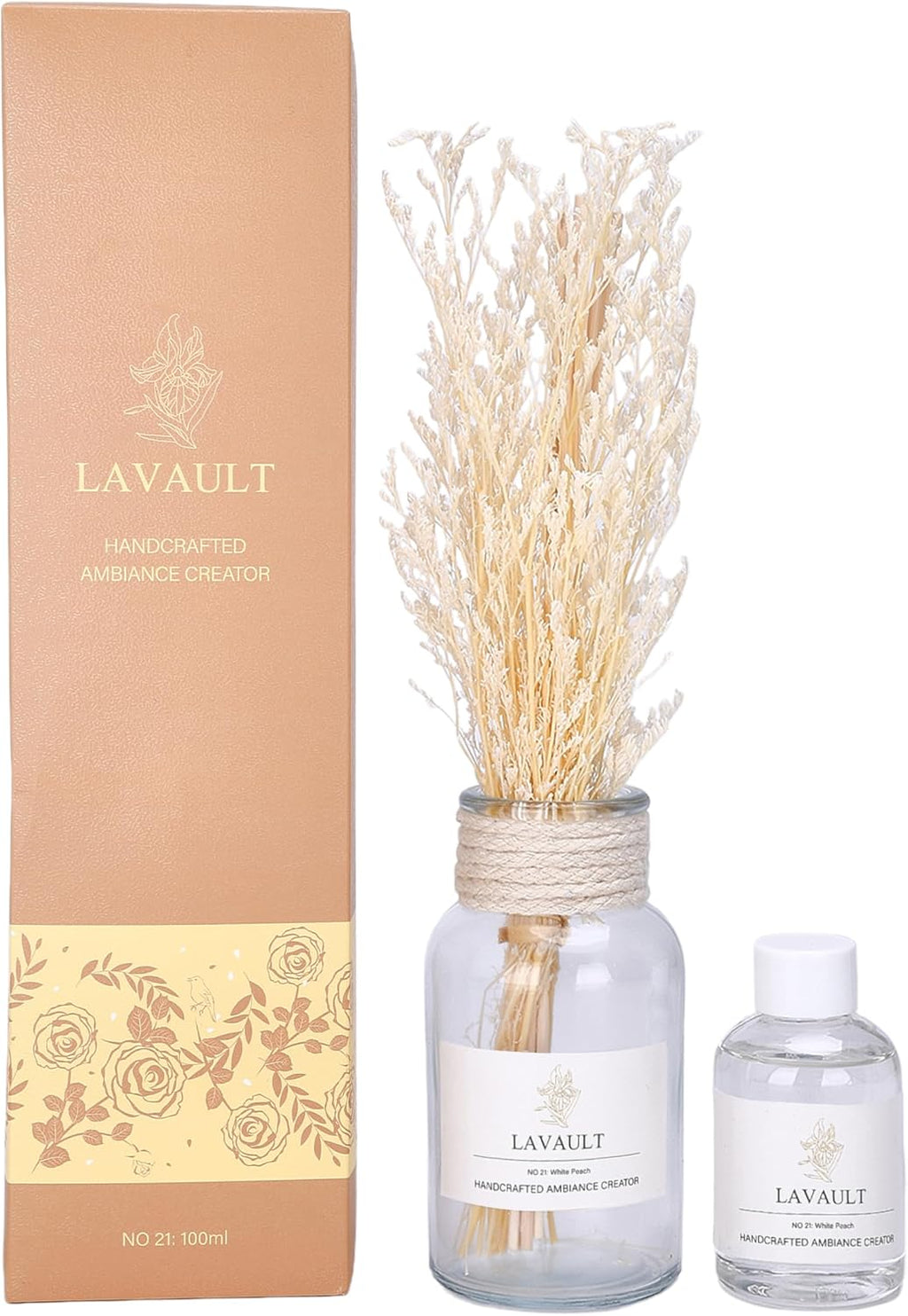 Lavault Reed Diffuser - Long-Lasting Scent Diffusers for Home or Office - Fragrance for Relaxing Atmosphere - Dried Plants and Essential Oils - Reed Diffuser for Bathroom - White Peach Scent - 3.38oz