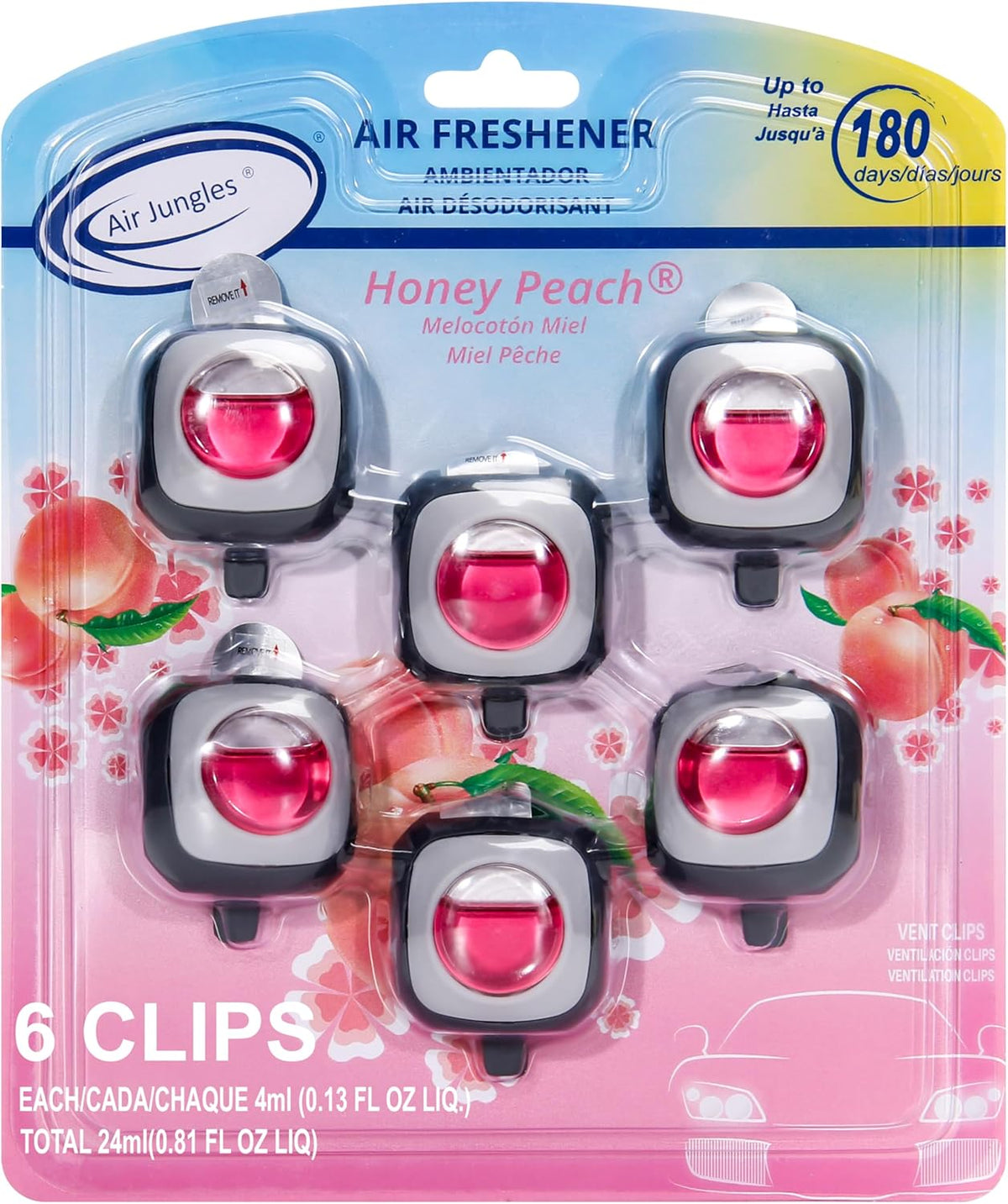 Air Jungles Honey Peach Scent Pink Car Air Freshener Vent Clip 6 Ct
