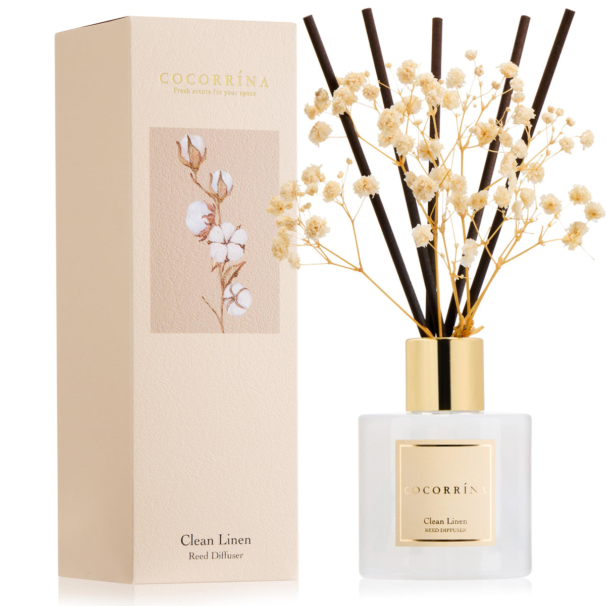 Cocorrína Reed Diffuser Set, Clean Linen 6.7 fl oz Scented Diffuser with Sticks Home Fragrance Reed Diffuser for Bathroom Shelf Décor