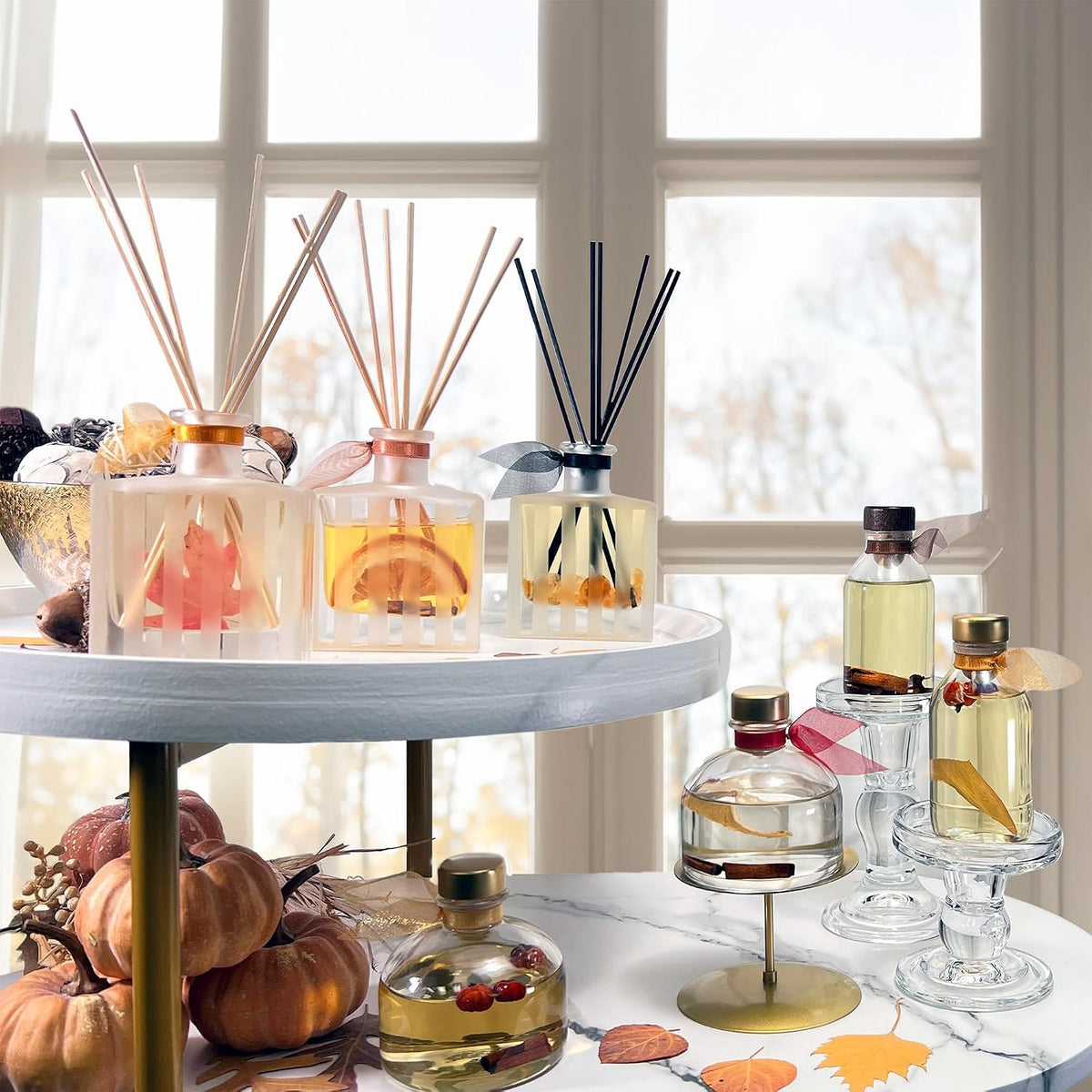 Reed Diffuser Set, Pumpkin Vanilla Chai Scented Oil Diffuser with Sticks, Home Fragrance Accessories for Bathroom Shelf Decor, Aroma Diffusers for Home or Office Fall Decor, USA Made