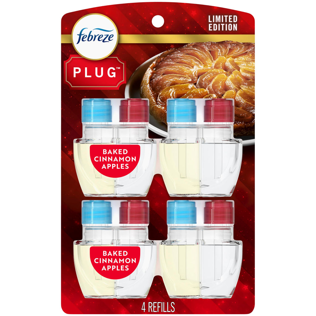Febreze Plug-In Air Freshener, Odor-Fighting Scented Oil Refill for Home, Bathroom & Kitchen, Holiday Baked Cinnamon Apples Scent, 0.87 oz Refills, 4 Count