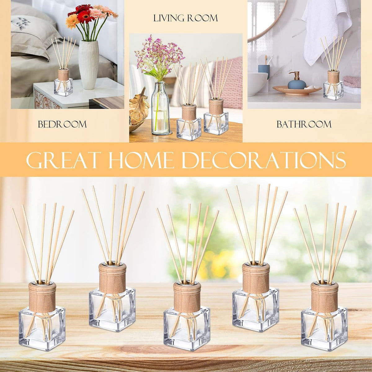 Roshtia 4 Set Reed Diffuser Bottles 50ml Glass Wooden Caps Rattan Sticks